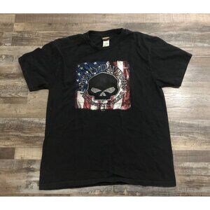 Harley Davidson Willie G Red White Blue Skull Logo Mens XL Black Tee T Shirt